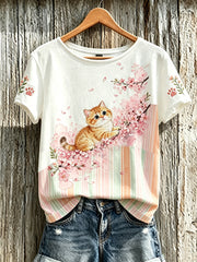 T-shirt décontracté à manches courtes pour femme, imprimé d’un mignon motif de chat et de fleurs