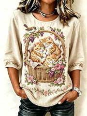 T-shirt romantique pour femme à imprimé motif chat
