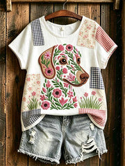 T-shirt imprimé motif de chien romantique pour femmes