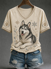 Rétro Chien Imprimer Casual V-Neck Tee des femmes