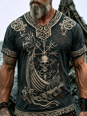 T-shirt rétro homme en coton et lin imprimé motif crâne de pirate viking
