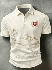 Polo décontracté en maille gaufre avec impression artistique pour les amateurs de football suisse, modèle homme
