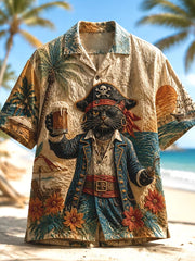 Skull Pirate Cat Captain Vacation Drinking Art Print Chemise pour hommes