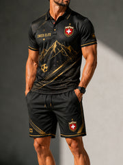 Ensemble polo à manches courtes et short pour homme, avec imprimé sur le thème du football