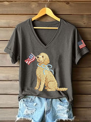 T-shirt décontracté à imprimé chien américain pour femmes