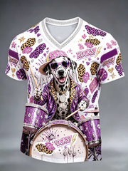 T-shirt pour homme à col en V, orné de cristaux et d’un imprimé canin