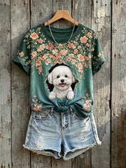 Mignon Floral Bichon Frise Chien Art Imprimer T-shirt à manches courtes pour femmes