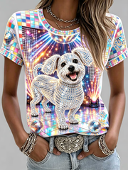 T-shirt à manches courtes imprimé chien orné de cristaux pour femmes