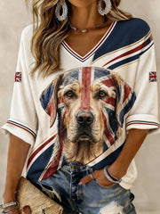 T-shirt femme britannique en labrador, imprimé, manches mi-longues, col en V