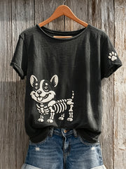 Lovely Skeleton Corgi Dog & Paw Print T-shirt à manches courtes pour femmes