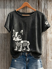T-shirt à manches courtes Lovely Skeleton Bulldog & Paw Print pour femme