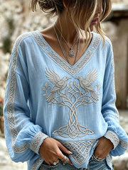 Vintage Viking inspiré Art Pattern Imprimer coton-lin chemise des femmes