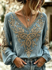 Chemise femme en coton-lin imprimé rétro viking plante fleur