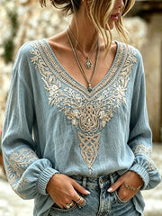 Chemise rétro pour femme en coton-lin, ornée d’un imprimé viking à motifs floraux