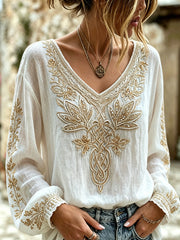 Chemise rétro pour femme en coton-lin, ornée d’un imprimé viking à motifs floraux