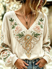Chemise décontractée en coton et lin pour femme, à motif floral viking imprimé