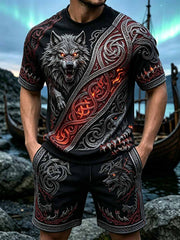 Ensemble à manches courtes décontracté à imprimé viking rétro pour hommes