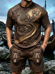 Ensemble décontracté à manches courtes pour homme, imprimé viking rétro