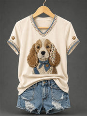 T-shirt rétro à col en V, patchwork et imprimé chien pour femme