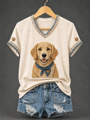 T-shirt rétro à col en V, patchwork et imprimé chien pour femme