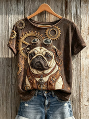 T-shirt à manches courtes pour femme Vintage Steampunk Pug Dog Art Print