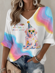 T-shirt gauffré arc-en-ciel pour femmes, motif chien