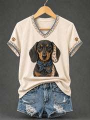 T-shirt rétro à col en V, patchwork et imprimé chien pour femme