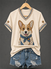 T-shirt rétro à col en V, patchwork et imprimé chien pour femme
