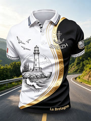 Polo décontracté pour homme à imprimé phare et mouettes de Bretagne, France