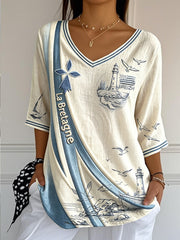 T-shirt femme en coton-lin léger, à col V, imprimé patchwork breton, style décontracté