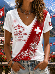 T-shirt à manches courtes et col en V, imprimé pour la célébration de la Journée nationale des femmes