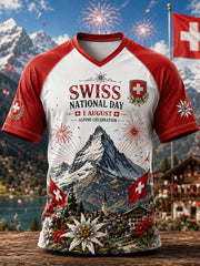 T-shirt homme à manches raglan et courtes, col en V, motif dédié à la Journée nationale