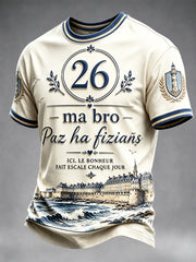 T-shirt décontracté rétro beige à imprimé breton français pour homme, collection 2026