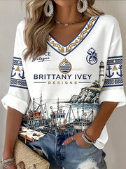 T-shirt blanc à col en V pour femme, motif Breton Port Heritage, style décontracté