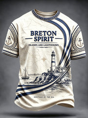 T-shirt décontracté pour homme à imprimé culturel représentant le drapeau français blanc et le phare de Bretagne