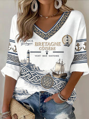 T-shirt blanc à col en V, décontracté, imprimé, de style breton pour femme