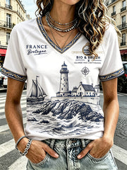 T-shirt blanc à col en V pour femme, de style breton, imprimé ethnique, décontracté