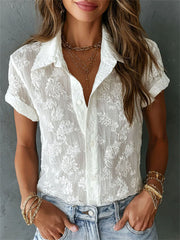 Chemise élégante pour femme, style bohème, en lin, à imprimé floral et dentelle, manches courtes