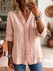 Volants Trim Placket Creux Dentelle Bordée Confortable Chemisier Femme