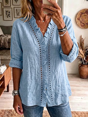 Volants Trim Placket Creux Dentelle Bordée Confortable Chemisier Femme