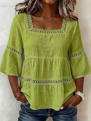 Top à manches courtes en patchwork appliqué en dentelle de coton-lin à col carré pour femme