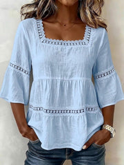 Top à manches courtes en patchwork appliqué en dentelle de coton-lin à col carré pour femme