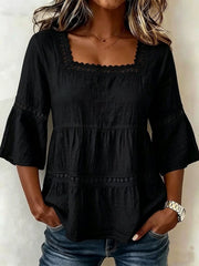 Top à manches courtes en patchwork appliqué en dentelle de coton-lin à col carré pour femme