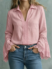 Chemise Femme Vintage Boho Dentelle Manches évasées En Coton-Lin