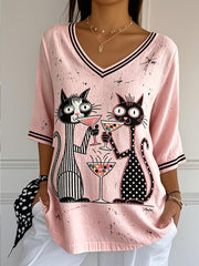 T-shirt Femme Rose Décontracté Léger Imprimé Chat En Coton-Lin À Col En V