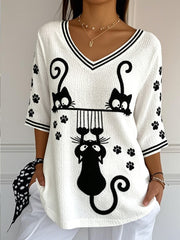 T-shirt à col en V pour femme, chat blanc mignon imprimé décontracté