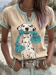 Tacheté chien imprimé décontracté d'été des femmes Cool coton-lin T-shirt