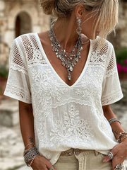 Femme chic Boho Floral dentelle Art Print lin manches courtes T-shirt