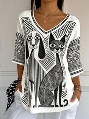 T-shirt à col en V léger en coton et en lin pour femmes à imprimé chat et chien