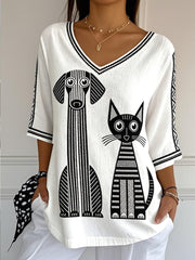 Tee-shirt Femme Blanc Chat & Chien Imprimé Décontracté Cool-Wear Col V En Coton-Lin